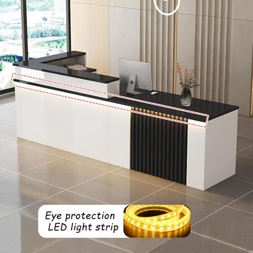 L Shaped Reception Desk with LED Light, Modern Front Desk Counter with Drawers & Storage Cabinets,Checkout Counter for Office Lobby, Salon, Spa & Retail Store (A-Right, L 180cm/70in) Generic