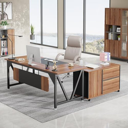 LITTLE TREE 70.8" Executive Desk with 35.4" File Cabinet, L-Shaped Computer Desk, Wood Office Desk for Home Office - WoodArtSupply