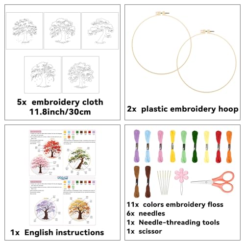 ORIGACH 5 Pcs Seasonal Tree Embroidery Kit for Beginners, Stamped Design Embroidery Starter Kit Includes Cloth, Hoops, Threads & Needles
