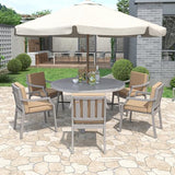 VilroCaz 6-Person Acacia Wood Outdoor Dinning Set, All-Weather Outdoor Round Dining Table with Umbrella Hole and 6 Cushion Chairs for Patio Backyard Garden VilroCaz