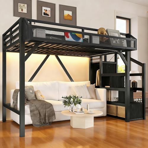Bellemave Twin XL Loft Bed with Storage Stairs, Shelves & Wardrobe, Twin XL Metal Loft Bed Frame with LED Lights & USB Ports for Kids Teens, Noise-Reduced Design, Black Bellemave