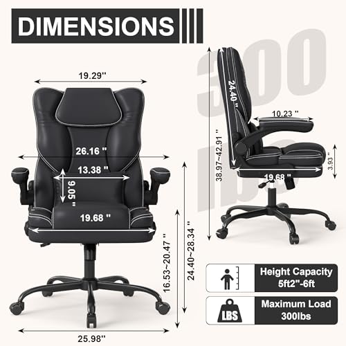 Ergonomic Office Chair with Flip-up Armrests 300lbs,Middle-Tall Computer Office Desk Chair with Lumbar Support,Executive Leather Chair with Rocking Function Adjustable Height for Home Office Box DesignLab