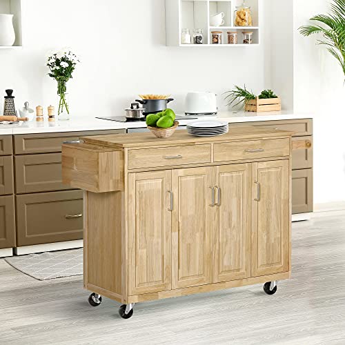 HOMCOM Kitchen Island on Wheels, Natural Hardwood Kitchen Cart with Drawers, Storage Cabinets, and Tool Caddy, Microwave Cart for Dining Room, 54 Inches Wide HOMCOM