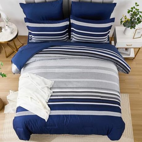 Dobuyly Navy Blue Queen Comforter Set 7 Pieces, Boho Striped Bed in a Bag Queen Size Soft Microfiber All Season Bedding Set with Comforter, Sheets, Pillowcases & Shams Dobuyly