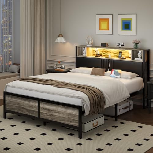 Full Size Bed Frame with LED Light and Charging Station, Full Size Platform Bed Frame with Strong Metal Slat Support, Upholstered Headboard, No Box Spring Needed, Noise-Free, Easy Assembly, Wash Grey IMMERSTABLE