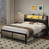 Full Size Bed Frame with LED Light and Charging Station, Full Size Platform Bed Frame with Strong Metal Slat Support, Upholstered Headboard, No Box Spring Needed, Noise-Free, Easy Assembly, Wash Grey IMMERSTABLE