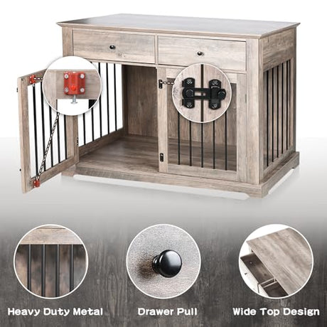 LEMBERI 44 Inch Large Dog Crate Furniture with 2 Storage Drawers, Wooden Dog Kennel Furniture as End Table, Decorative Pet Cage Dog House Indoor for Dogs LEMBERI