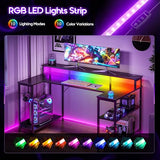 ODK 48 Inch Gaming Desk with LED Lights and Power Outlet, U-Shaped Computer Desk with Monitor Stand and Storage Shelves, PC Gamer Table for Home Office, Carbon Fiber Black ODK