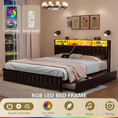 King Size Bed Frame with 4 Storage Drawers and Bookcase Headboard, LED Upholstered Platform Bed King Size with USB-C & USB Charging Station, Double-row Support Bar, No Box Spring Needed, Black