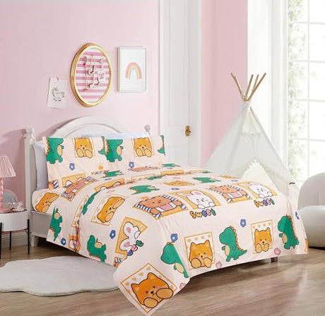 Comfy Deal Hight Thread Count Super Soft Microfiber Kid Breathable Bed Sheet Set with Pillowcase, Flat and Fitted Sheet (Full, Dinosaurs, Rabbit & Teddy Bear) Comfy Deal