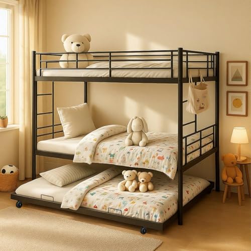 ArisingAsia Twin Over Twin Triple Bunk Beds with Trundle, Metal Bunkbeds with Ladder and Full-Length Guardrail, Noise Free, No Box Spring Needed ArisingAsia