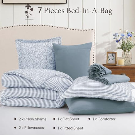 BLOOMHAVEN Queen Comforter Set - 7 Pieces Blue Gauze Muslin Bedding Sets for All Seasons, Lightweight Breathable Bed in a Bag Queen with Revesible Farmhouse Comforter, Sheets, Pillowcases & Shams BLOOMHAVEN