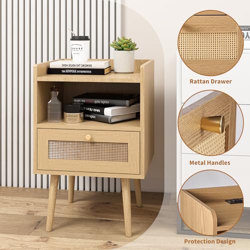 MECHYIN Rattan Nightstands, Bedside Tables with Charging Station, Rattan Drawers Nightstands, Rattan End Table with Solid Wood Feet, Side Table Nightstands sets for Bedroom - Natural MECHYIN
