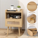MECHYIN Rattan Nightstands, Bedside Tables with Charging Station, Rattan Drawers Nightstands, Rattan End Table with Solid Wood Feet, Side Table Nightstands sets for Bedroom - Natural MECHYIN