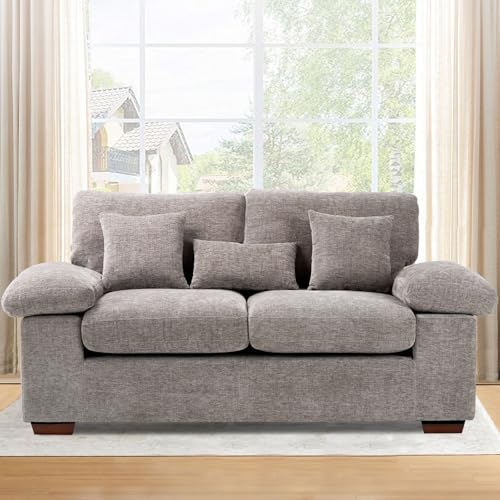 Living Room Loveseat Sofa Couch, 73" Love Seat Couch Sofa, Upholstered Chenille Living Room Sofa with Extra 3 Pillow, Removable Back Cushion-LightGrey COLAMY