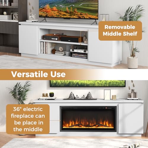 Tangkula Fireplace TV Stand for TVs up to 80", 70" Media Console Table with 36" Electric Fireplace, 3 Adjustable Shelves, Anti-Tipping Kits & Soft Close Hinges, Entertainment Center (White) Tangkula