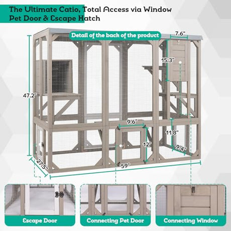 Large Catio Outdoor Cat Enclosure Window Access, Wooden Kitty Cage with Resting Room & 3 Platforms for Multiple Feral Cats, Cat House Attached to Window, Pet's Door for Patio Indoor Magazoopet