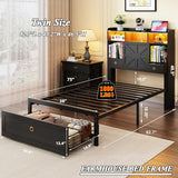 Etditrnp Twin Bed Frame with Storage Headboard, Farmhouse Platform Bed Frame with Bookshelf, Drawers, LED Lights and Charging Station, Metal Slats Support, Noise Free, No Box Spring Needed, Black Etditrnp