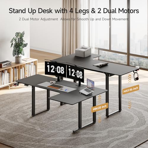ONBRILL L Shaped Standing Desk, 63x43 Inches Electric L Stand Up Desk with 4 Legs, Dual Motor and Memory Controller, Adjustable Height from 28-46 Inches for Home and Computer Workstation, Black ONBRILL