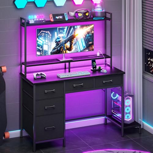 Korfile Computer Gaming Desk with Hutch, Home Office Desk with Power Outlets, LED Light, 5 Storage Drawers, 2 Tiers Shelves for Display, 39 Inch Modern Study Writing Table for Bedroom, Black Korfile