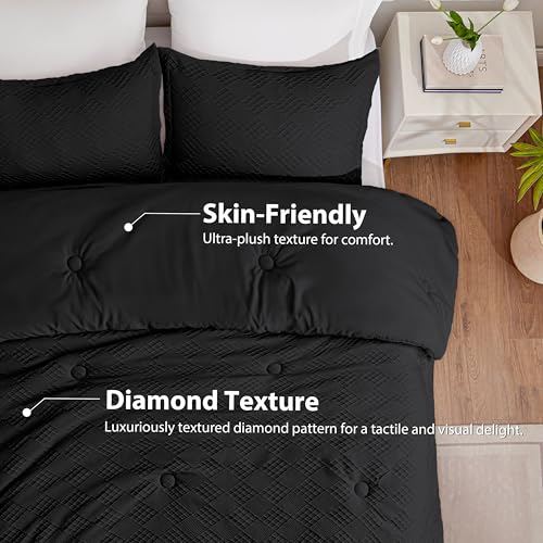 EXQ Home Waffle Comforter Queen Size - Super Soft Embossed Design Comforter Set 3 Pieces, Black 3D Diamond Pattern Bedding Set,Winter Warm Bed Set,1 Comforter with 2 Pillowcases EXQ Home