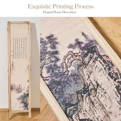 Svimi Asian Style Room Divider - 4 Panel Plum Blossom/Mountain/Calligraphy Design with Wood Frame, Freestanding Partition Screen (67″H x 64″W) (Nature, Calligraphy) Svimi