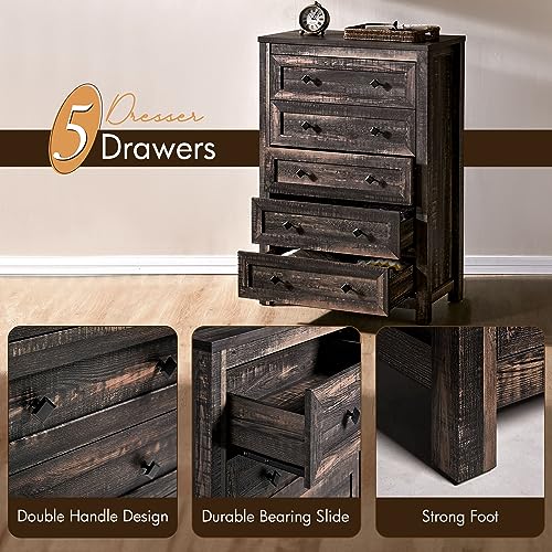 VanAcc 5 Tall Dresser for Bedroom with Drawers, Tall Chest of Drawers with Vintage Grain Texture, Farmhouse Wood Dresser for Bedroom, Living Room, Hallway, Dark Oak - WoodArtSupply