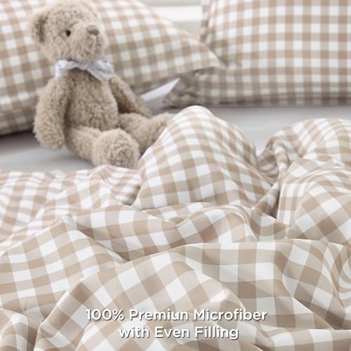 Andency Tan Gingham Comforter Set Full(79x90Inch), Brown Checkered Grid Plaid Buffalo Bed Set for Girls Boys Kids Teens, 3 Pieces Lightweight Microfiber Geometric Preppy Bedding