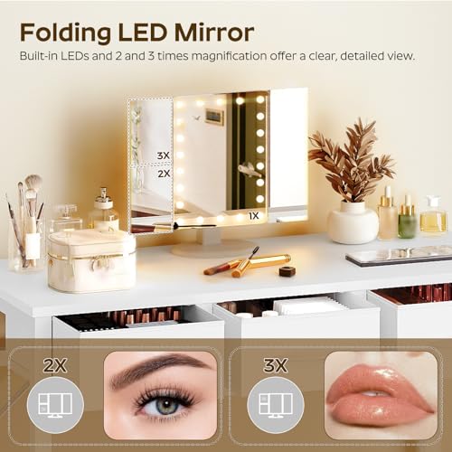 YATINEY Makeup Vanity Desk with Mirror and Lights, Vanity Table with 3 Fabric Drawers Storage Desk for Bedroom, Make Up Dressing Table with Folding Mirror, for Small Spaces, White YATINEY