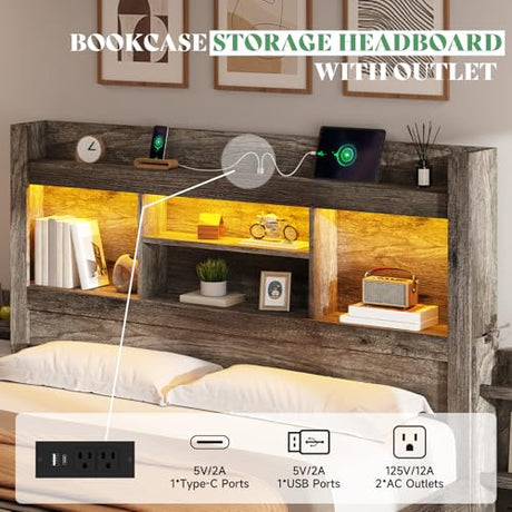 AMERLIFE Queen Bed Frame with 4 Storage Drawers, LED Bed Frame with 49“ Tall Bookcase Headboard, Wood Platform Bed with Charging Station & 2 Slide Bedside Shelf, No Box Spring Needed/Rustic Grey AMERLIFE
