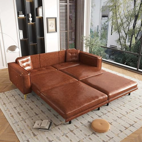 Tabaray 92.1'' King Pull Out Sofa Bed, Convertible Futon Couch, 3-in-1 Faux Leather Sleeper Sofa with Tufted Back, 2 Pillows, Gold Legs, Deep Folding Loveseat for Living Room, Apartment, Light Brown Tabaray