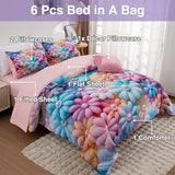 A Nice Night Stunning Blooming 3D Flower Floral Comforter Sets, with Pearl Flower Core Pattern Bedding Set for Girls Full Size, Ultra Soft Bedding Sets (Blue-Purple, Full 6Pcs) A Nice Night