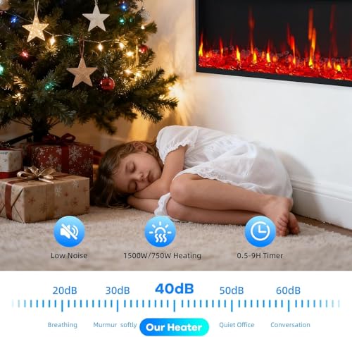 60" Electric Fireplace Wall Mounted & Recessed with Remote Control, 4.2" Ultra-Thin Linear Fireplace Heater 750W/1500W 2 Speed Heating 12 Color Flames 5 Brightness Levels with Timer, Log & Crystal MilleLoom