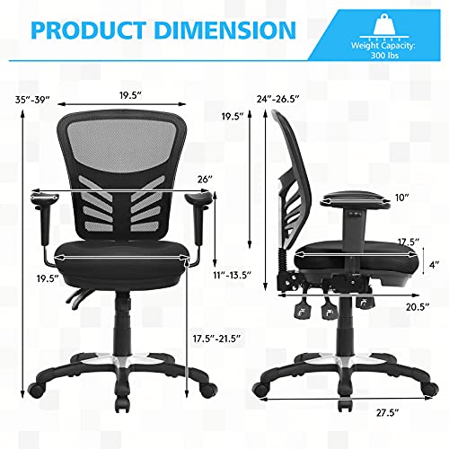 COSTWAY Ergonomic Mesh Office Chair, Mid Back Task Chair with Height Adjustable Armrests, Lumbar Support and Rocking Backrest, Breathable Swivel Computer Desk Chair for Home Office (Black) COSTWAY