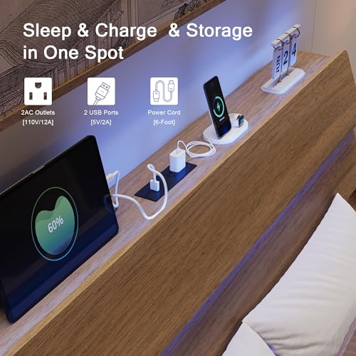 Einhomn Floating Bed Frame Full with Led Lights and Charging Station, Full Size Platform Bed Frame w/Storage Headboard, Heavy Slats Support, No Box Spring Needed, Noise Free, Easy Assembly, Walnut Einhomn