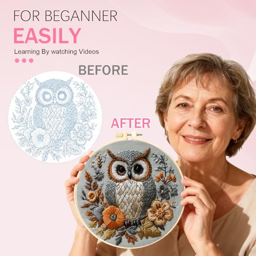 Huacan Embroidery Kit for Beginners Adults Includes Stamped Owl Pattern, Hoop, Color Threads,Tools,Easy to Follow Instruction