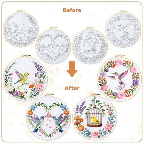 BEUNITONE 4 Set Embroidery Kit for Beginners, Wreath and Bird Cross Stitch Kits, Needlepoint Kits for Adults with Instructions and Full Kit, Elegant Hand Embroidery Patterns for Cloth and Home Decor BEUNITONE