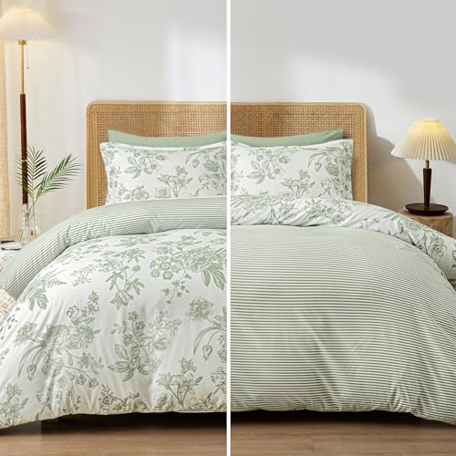 PHF Ultra Soft Floral Duvet Cover King Size, Printed Bedding Set 3 Pieces, Comfy Farmhouse Pattern Duvet Cover Set with 2 Pillow Shams, Zipper Closure and 8 Ties, 104"x90", Flower-Green PHF