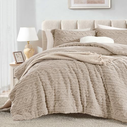 Homelike Moment Fluffy Comforter Set Queen Size, Beige Warm Fleece Comforter Full Size Bed Set for Winter 3 Piece Homelike Moment