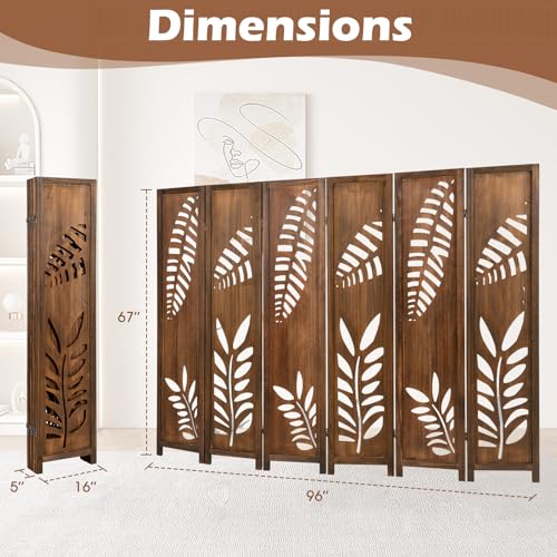 Giantex Boho Rustic Room Divider, 6 Panel Carved Leaf Folding Wood Screen, Fully Assembled, 67'' Freestanding Privacy Partition Decorative Wall, Foldable Room Separator for Bedroom, Brown Giantex