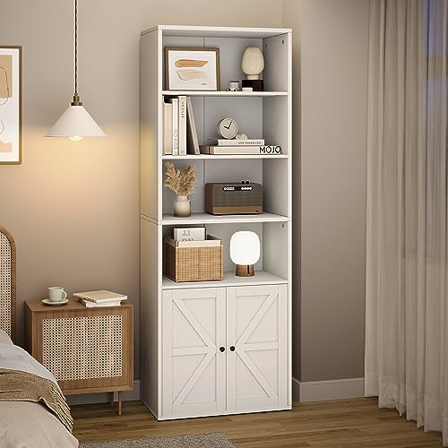 White Industrial Bookcase with Doors - 71.4in Tall Farmhouse Wooden Bookshelves by IDEALHOUSE IDEALHOUSE