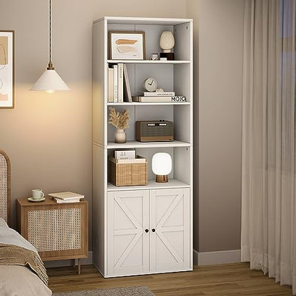 White Industrial Bookcase with Doors - 71.4in Tall Farmhouse Wooden Bookshelves by IDEALHOUSE