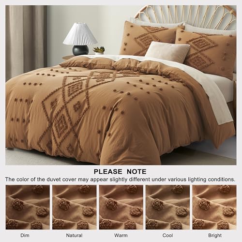 Oli Anderson Tufted Duvet Cover King Size, Soft and Lightweight Duvet Covers Set for All Seasons, 3 Pieces Boho Embroidery Shabby Chic Bedding Set (Pumpkin Brown, King, 104"×90") Oli Anderson