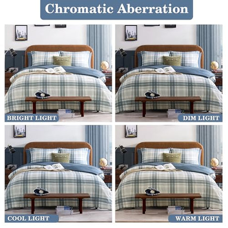 AMBERSPACE Twin XL Comforter Set, Blue Grey Plaid Bedding Set 5 Piece for Boys Girls Teen, Classic Homestead-Style Kids Comforter Set Bed in A Bag with Sheets, Pillowcase & Sham AMBERSPACE