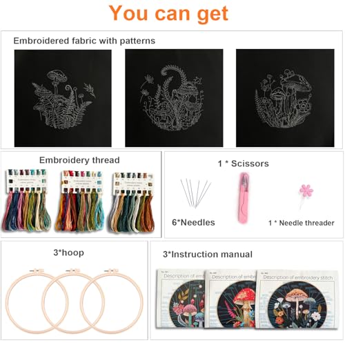 Myfelicity Embroidery Kit with Mushroom Patterns, 3 Hoops, Fabric, Threads, Needles, Instructions (red)