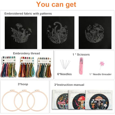 Myfelicity Embroidery Kit with Mushroom Patterns, 3 Hoops, Fabric, Threads, Needles, Instructions (red) Myfelicity