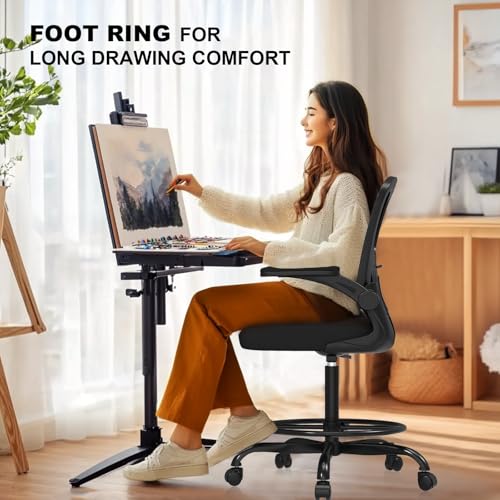 Ergonomic Drafting Chair, Tall Office Chair with Flip-up Armrests, Breathable Mesh High Desk Chair with Lumbar Support Adjustable Footrest Ring for Standing Desk Black Synorla