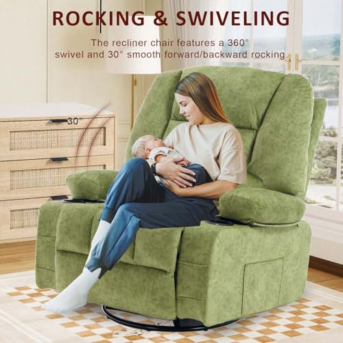 KCQ Oversized Swivel Rocker Recliner Chair with Massage Heat Cup Holders Overstuffed Fabric Reclining Glider Chairs for Nursery Manual Rocking Recliner, Green