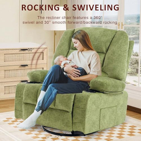 KCQ Oversized Swivel Rocker Recliner Chair with Massage Heat Cup Holders Overstuffed Fabric Reclining Glider Chairs for Nursery Manual Rocking Recliner, Green KCQ