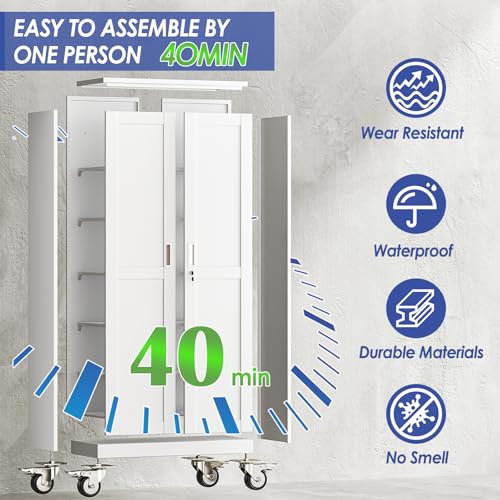 AUEYTVR 71" Tall Metal Garage Storage Cabinet with Wheels and Locking Doors and Tall Rolling Steel Tool Cabinet with 4 Adjustable Shelves for Garage,Home,Office,Shop (White) AUEYTVR